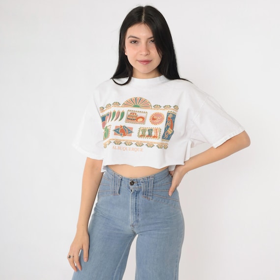 Vintage Albuquerque T-Shirt 90s White Boxy Crop Top Nevada Southwest Graphic Tee Cut Off Raw Hem 1990s Desert Theme Top Large L