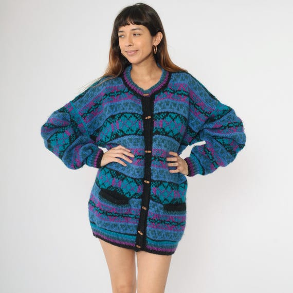 Vintage Hand Knit Wool Cardigan Sweater 90s Ganesh Himal Nepal Geometric Knit Blue Teal Toggle Button Up 1990s Nepalese Extra Large xl