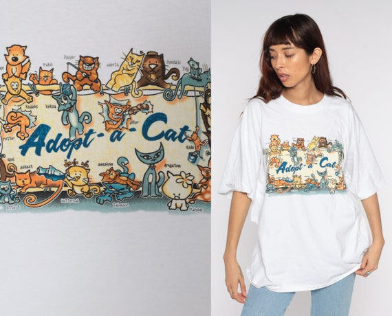 90s Cat T Shirt ADOPT A CAT Print Shirt 1990s Graphic Tee Animal Tshirt Kitty Short Sleeve Vintage Cat Lady Top Kawaii White Extra Large XL