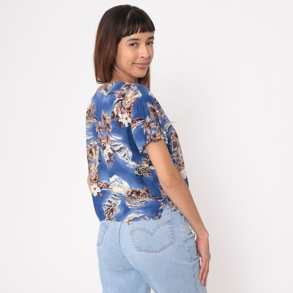 Blue Hawaiian Shirt Y2k Ukulele Tropical Button U… - image 5