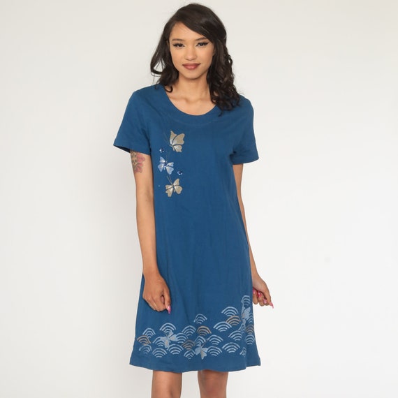 Butterfly Dress Blue Mini 90s Sequin Dress 1990s Vintage Shift Short Sleeve MiniDress Small