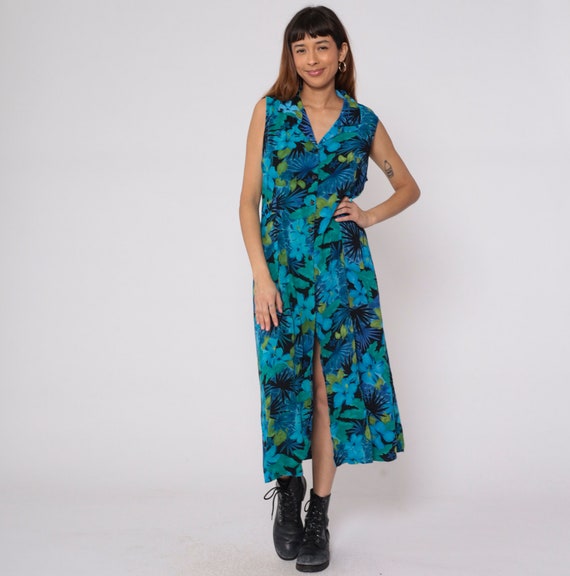 Tropical Floral Sundress 90s Button up Midi Dress Blue Hibiscus Flower Leaf Print Collared Day Dress Summer Boho Hippie Vintage 1990s Large