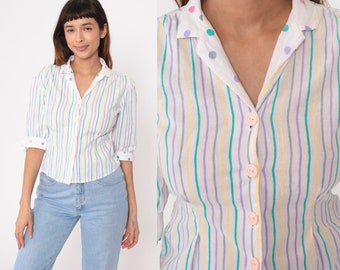 Pastel Striped Blouse 80s White Polka Dot Trim Puff Sleeve Top Button Up Shirt Collared Yellow Green Purple Vintage 1980s Extra Small xs