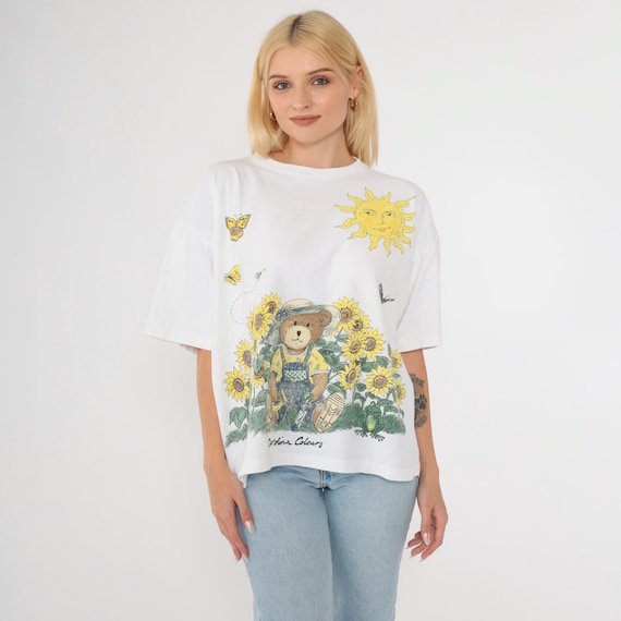 Vintage Floral Teddy Bear Shirt 90s Carolina Colors Butterfly Tee Sunflower Shirt Short Sleeve TShirt 1990s Garden Shirt Celestial Large OS