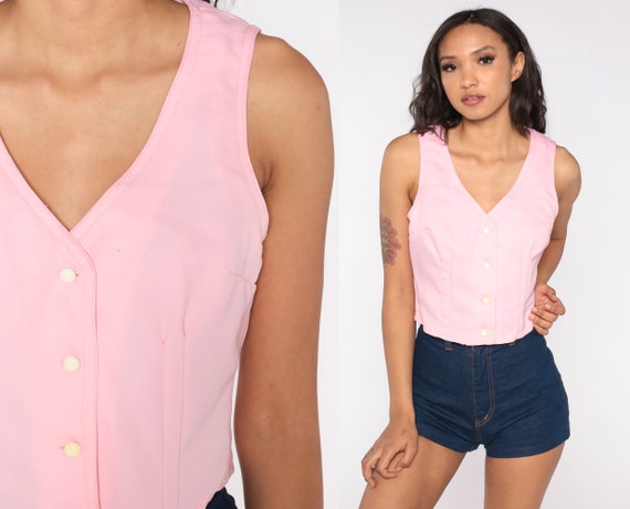 Baby Pink Tank Top 70s Blouse Retro Button Up Shirt Pastel Boho Shirt V Neck Sleeveless Vintage Bohemian 1970s Small Medium