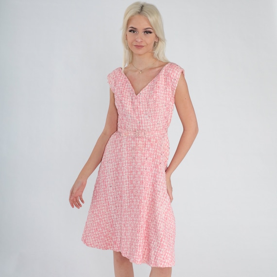 50s Day Dress Pink Gingham Mini Dress Rhinestone High Waisted Belt Retro Cap Sleeve V Neck A Line Fifties Pinup Vintage 1950s Cotton Small S