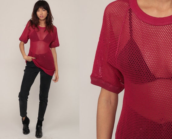 Mesh Jersey Shirt Sheer Tshirt Burgundy Shirt Sports 80s Vintage Football Clubwear Cut Out Top Hipster 1980s Retro Club Medium Large