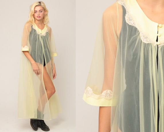 Sheer Robe Long Lingerie Jacket 70s Robe Maxi Lingerie Nylon Pastel Yellow Chiffon Peignoir Lace Trim Vintage Small Medium