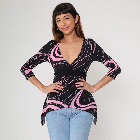 Swirl Print Wrap Top Y2K Black Pink Abstract Pattern V Neck Tie Waist Vintage Statement Psychedelic Retro Club Kid Rave Millennium Small S