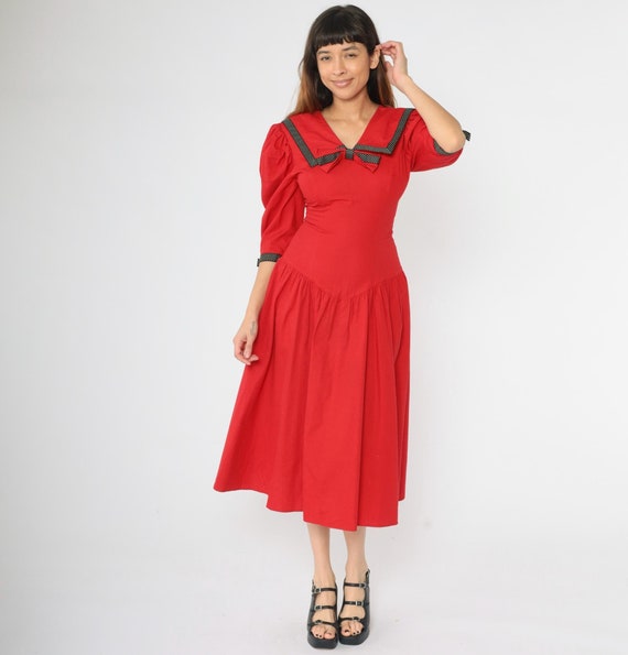 Vintage 80s Nautical Dress Red Sailor Style Collar Polka Dot Bow Puff Sleeve Fit and Flare Midi Retro 1980s Party Basque Waist Small 3/4