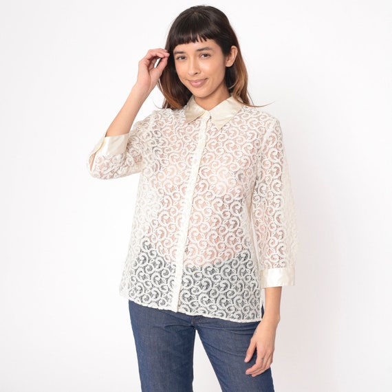 Sheer Lace Shirt 90s White Blouse Satin Cuffs 3/4 Sleeve Bohemian Button Up Top Romantic Feminine Party Vintage 1990s Medium 10P Petite