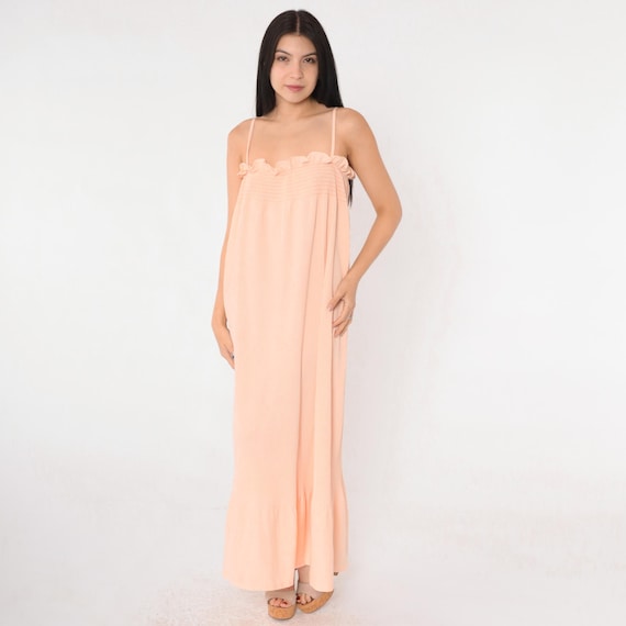Vintage Peach Maxi Sun Dress 70s Smocked Knife Pleated Dress Pastel Ruffle Bohemian Sundress 1970s Boho Summer Spaghetti Strap Small Medium