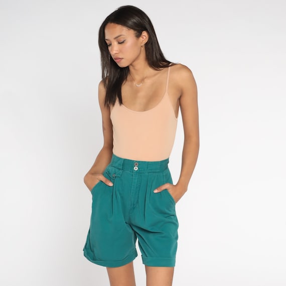 90s Trouser Shorts Green Pleated Preppy Shorts High Waisted Retro Trouser Cotton Bottoms High Waist Vintage Mom 1990s Extra Small xs 25