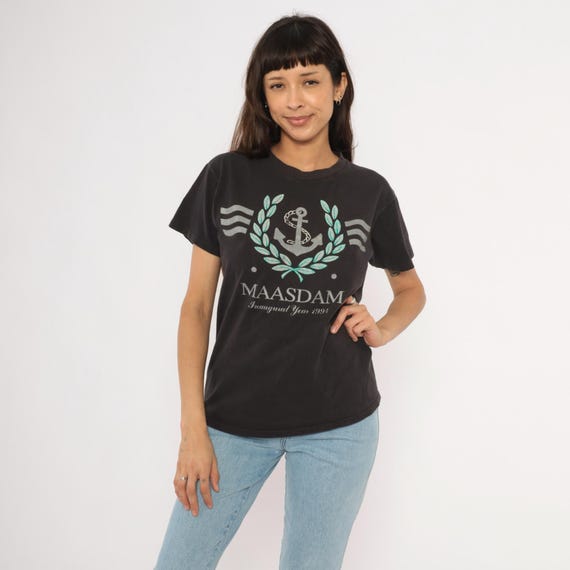 Cruise Ship Tee 90s Anchor Wreath Black Cotton Nautical Souvenir Sailing Boat Travel Vacation Tourism Navy Style Shirt Vintage Medium M