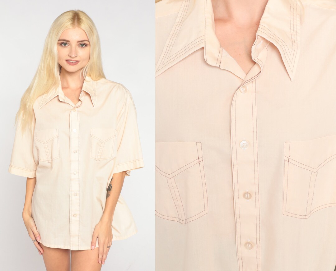 Cream Button up Shirt 70s Dagger Collar Shirt Retro Collared Short ...
