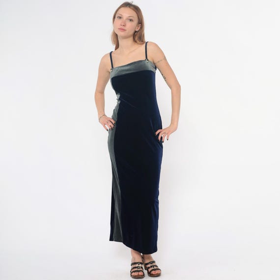 90s Velvet Party Dress Dark Blue Spaghetti Strap Column Evening Formal Sleek Fitted Midnight Slip Style Vintage Long Party Medium M