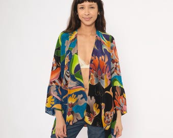 Bird Silk Kimono Colorful Tropical Floral Jacket Cardigan Duster Art To Wear Abstract Swirl Purple Teal Green Deeva One Size Fits Most OSFM