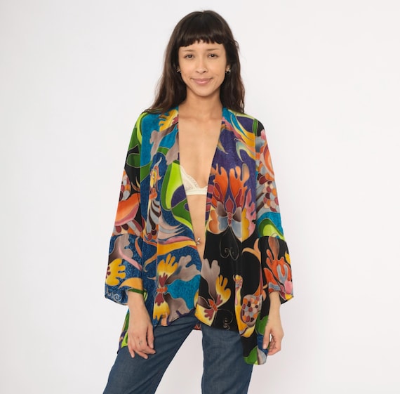 Bird Silk Kimono Colorful Tropical Floral Jacket Cardigan Duster Art To Wear Abstract Swirl Purple Teal Green Deeva One Size Fits Most OSFM