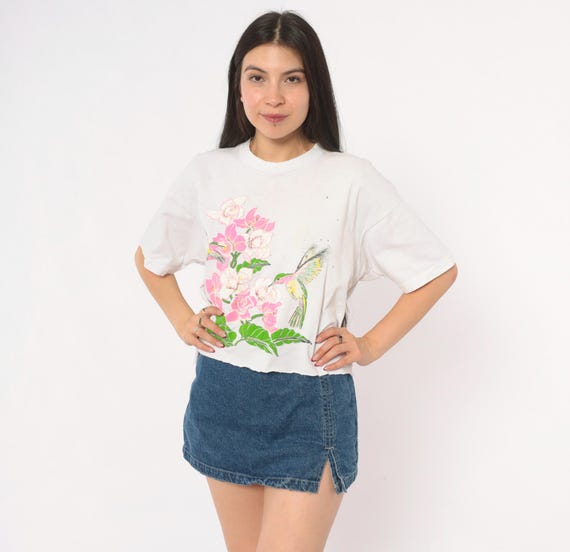 Hummingbird Floral Cropped Tee 90s Nature Print White Cotton Boxy Crop Top Pink Green Bird Flower Graphic Short Sleeve Vintage Large L