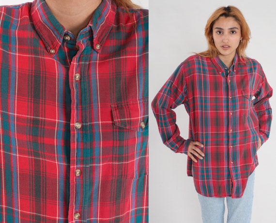 Red Plaid Shirt 90s Button up Shirt Retro Checkered Grunge Woolrich Long Sleeve Boyfriend Top Vintage 1990s Blue Green Extra Large xl