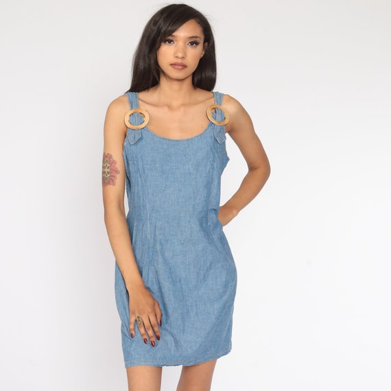 Denim Mini Dress 90s Jean Jumper Sheath Dress 1990s Grunge Blue Normcore Princess Seam Vintage Minidress Sleeveless Sheath Medium 8