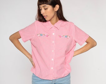 Pink Gingham Blouse Y2K Button Up Shirt Floral Embroidered Top Retro Preppy Girly Flower Shirt Short Sleeve Collared Vintage 00s Medium M