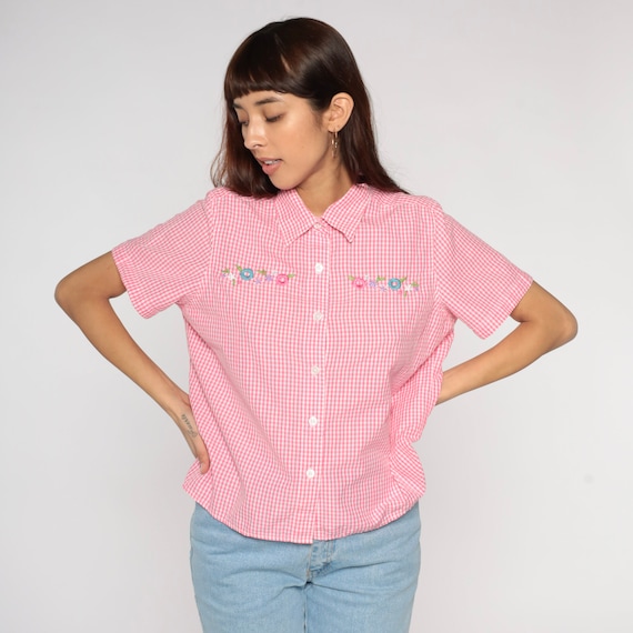 Pink Gingham Blouse Y2K Button Up Shirt Floral Embroidered Top Retro Preppy Girly Flower Shirt Short Sleeve Collared Vintage 00s Medium M