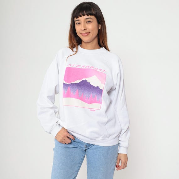 Steamboat Mountain Sweatshirt 90s Pink Purple Ski Resort Colorado Hanes Raglan Sleeve Vintage White Winter Pullover Skiing Extra Large XL