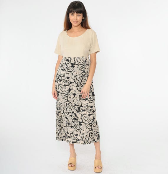 90s Maxi Dress Floral Print Retro Day Dress Beige Black Linen Rayon High Waisted Casual Short Sleeve Scoop Neck Vintage 1990s 11/12 Large L