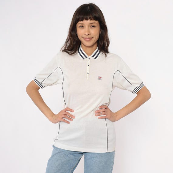 80s Fila Polo Shirt White Navy Striped Collar Cuffs Tennis Athletic Preppy Vintage Sportswear Cotton Logo Patch Casual Collegiate Small S