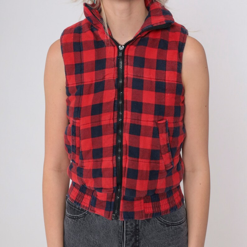 Buffalo Plaid Vest 90s Insulated Vest Red Plaid Flannel Vest Sleeveless Jacket Winter 1990s Zip Up Lumberjack Vintage Black Extra Small xs image 7