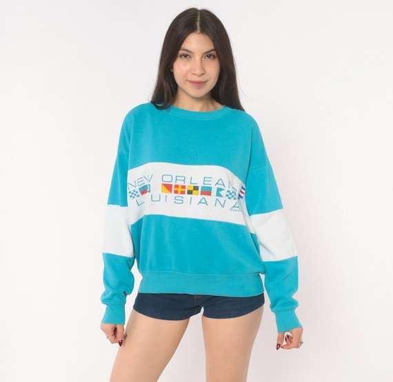 New Orleans Sweatshirt 90s Color Block Teal White Stripe Nautical Flag Souvenir Tourist Louisiana Travel Crew Neck Vintage Sweater Large L