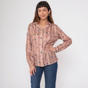Jaren 70 shirt confetti geometrische button-up blouse oudroze warme taupe gestreepte top lange mouw kraag retro jaren zeventig vintage jaren 1970 grote L