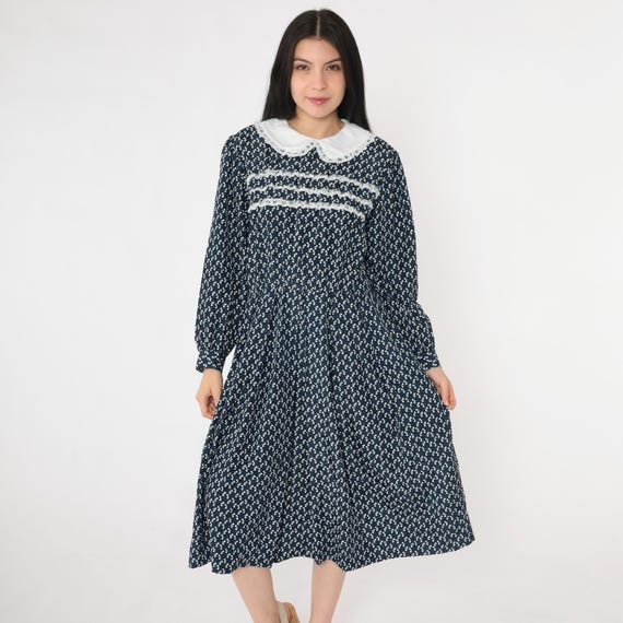 Vintage Navy Blue Bow Print Midi Dress 80s Peter Pan Collar Long Sleeve Prairie 1980s Modest Cottagecore Lace Trim Pleated Medium Large