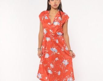70s Floral Button Front Dress Red Coral Watercolor Print Cap Sleeve Notched Collar Elastic Waist Knee Length Vintage Womens Small S