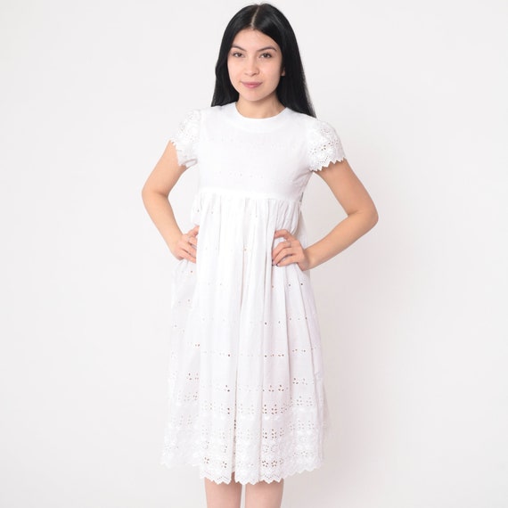 White Eyelet Dress 70s Midi Peasant Sheer Milkmaid Lace Puff Sleeve Cottagecore 1970s Boho Vintage Empire Waist Bohemian 2xs xxs Petite