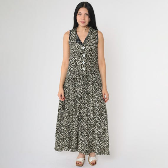 Vintage Sleeveless Floral Dress 90s Black Button up Day Dress Pocket Front Ankle Length Sundress Low Drop Waist 1990s Summer Medium M