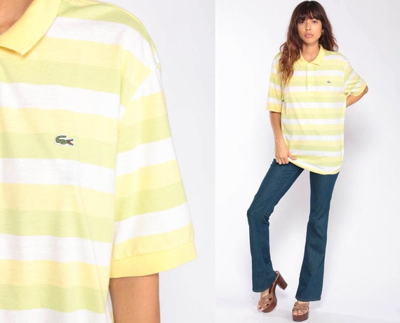 Lacoste Polo Shirt Striped Shirt 90s Top Izod CROCODILE Hipster Yellow 1990s Vintage Retro Preppy Extra Large xl