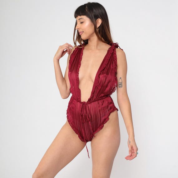 80s Silk Burgundy Teddy Lingerie Bodysuit Wine Deep Plunge Red Ruffled Vintage Romantic Nightwear Coquette Sleepwear Valentines Day Petite