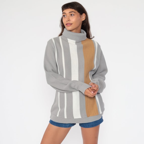 Striped Turtleneck Sweater 80s Funnel Neck Knit Jumper Pullover Turtle Neck Vintage Retro Small Medium