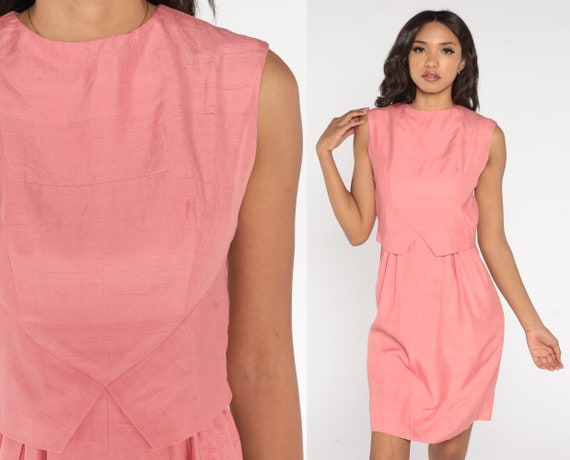 Pink Pencil Dress 60s Mod Mini Dress Sheath High Waisted Retro Sleeveless Pinup Wiggle Sixties Vintage 1960s Cotton Flax Silk Extra Small xs