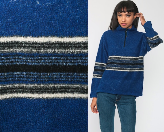 Fleece Pullover Sweatshirt Jacket 90s Blue Striped Jacket Half Zip Jacket Vintage Retro Vintage Small Medium