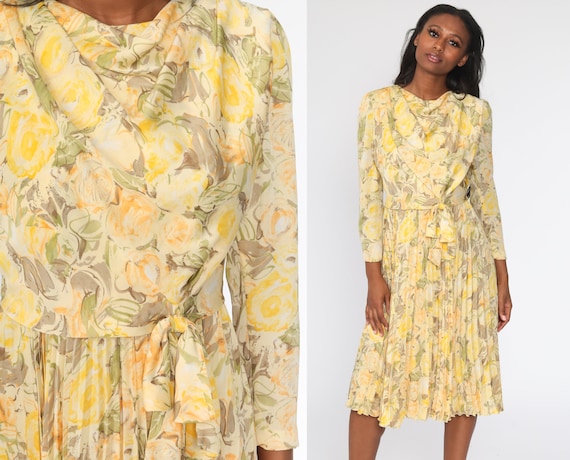 Yellow Floral Dress Y2K Midi Cowl Neck Boho High Waisted PLEATED