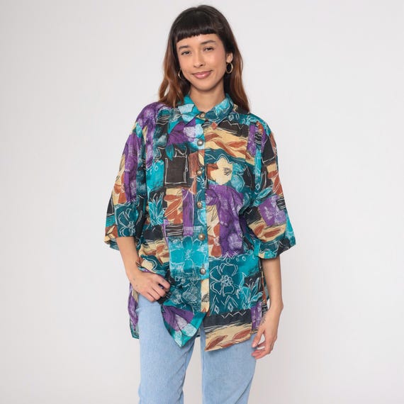 Watercolor Print Shirt 90s Teal Purple Gold Abstract Floral Button Down Collared Blouse Oversized Kimono Sleeve Art Print Extra Large XL
