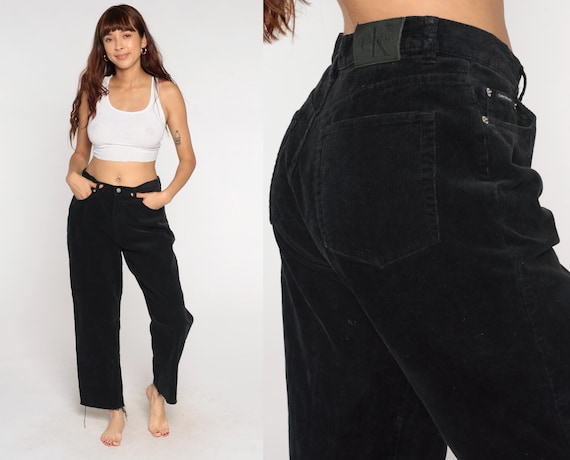 Black Corduroy Pants Calvin Klein Cotton Y2K High Rise Wide Leg Raw Hem Cropped Ankle Length Grunge Streetwear Casual Vintage Large L