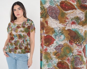 Abstract Floral Shirt 90s Blouse Retro Brushstroke Watercolor Flower Print Top Bohemian Olive Green White Brown Vintage 1990s Medium Large