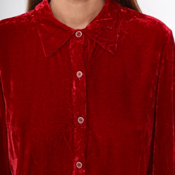 Red Velvet Blouse 90s Button Up Shirt Long Sleeve… - image 7