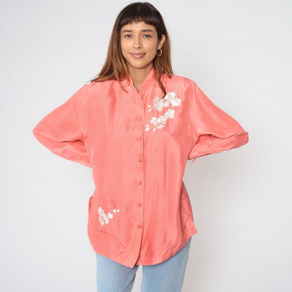 Pink Silk Blouse 90s Floral Embroidered Top Button up Shirt White Flower Long Sleeve Boho Asian Chinese Inspired Yi Lin Vintage 1990s Large