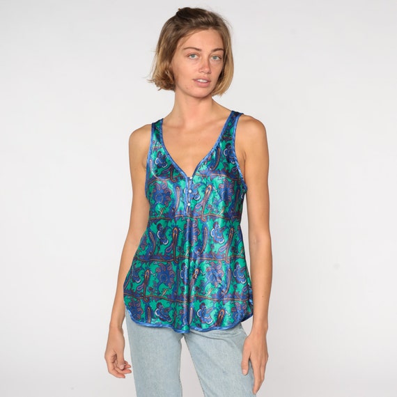 Satin Cami Top Green Paisley Tank Top Camisole Lingerie Shirt 90s Deep V Neck Liquid 1990s Sexy Sleep Pajama Shirt Medium