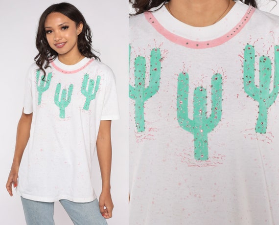 90s Cactus Shirt Rhinestone SAGUARO Print Paint Splatter Tee Vintage Retro T Shirt Desert Tee Graphic Print White 1990s Southwest Medium